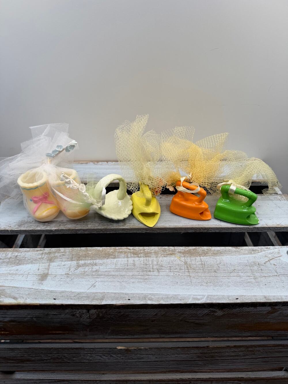 Vintage Ceramic Baby Shower Favor Lot- Booties Basket Flat Irons Tulle Accents